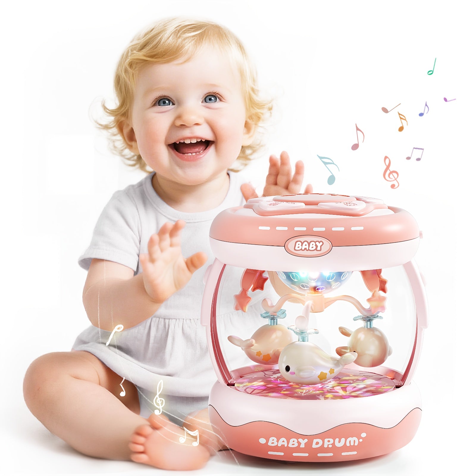JOVOW Baby Rotating Projector Music Toy for 3 Months+ – Interactive Animal Sounds & Music, Multi-Functional Sensory Learning Toy for Infant Boys Girls, Party Music, Skills Development, Pink & Blue