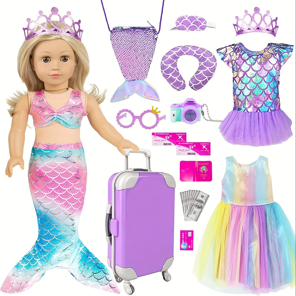 20 Piece Mermaid Doll Travel Set for 18 Inch Dolls – Suitcase Mermaid Dress Outfits Bag Camera Glasses Passport Accessories Kit No Doll Girls Ages 3+ Gift