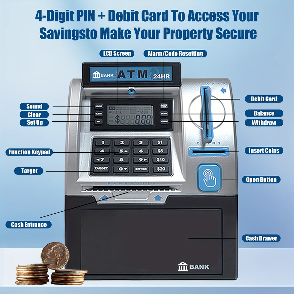 Kids Electronic ATM Piggy Bank with Password Lock – Coin & Banknote Savings Bank for Boys & Girls, Financial Education Toy, Birthday Christmas Holiday Gift Ages 5+