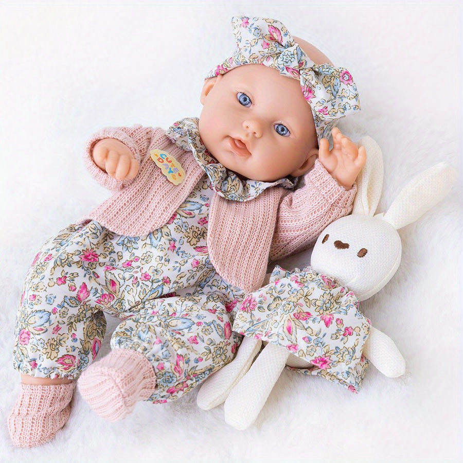 12 Inch Dress-Up Baby Doll Set with Floral Clothes Headscarf Socks & Toy Rabbit – Vinyl Girl Doll Playset for Kids Ages 3+ Birthday Christmas Gift (Beige & Pink)