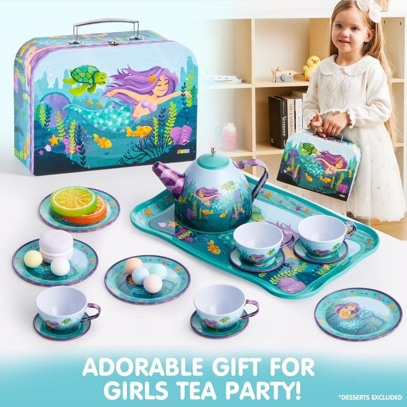 Mermaid Tea Party Set for Girls 14-Piece Tin Teapot Cups Plates Carrying Case Princess Pretend Play Kitchen Toy Kids Age 3+ Christmas Birthday Gift