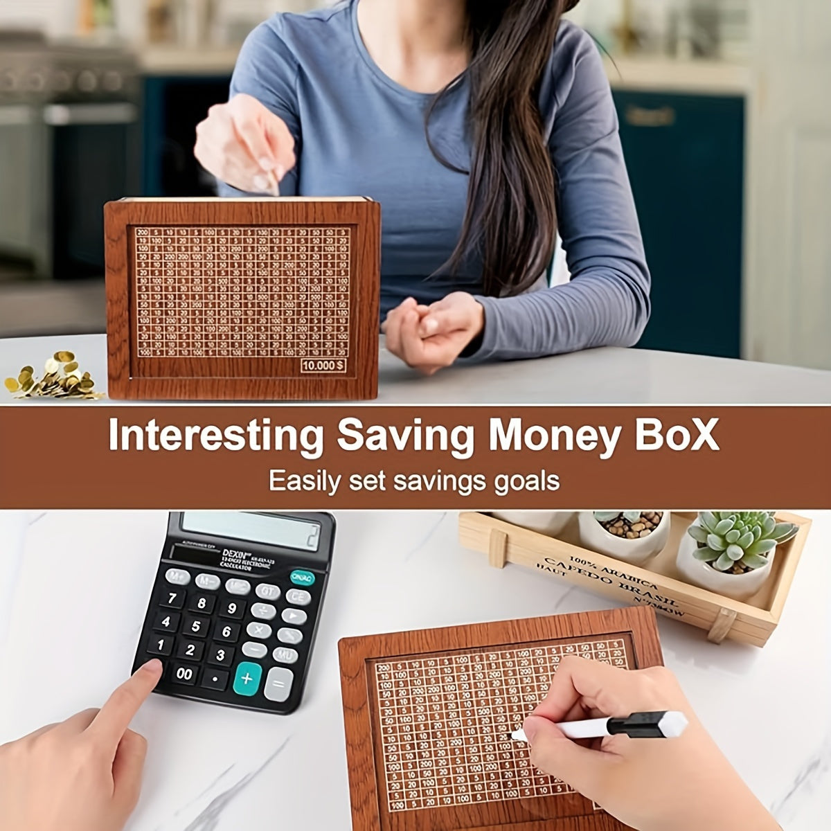 Wooden Savings Bank with Digital Counter 2 Sets – 7.87x5.7 Inch Coin Bank Holds $10,000 Adult Savings Goal Piggy Bank Gift for Friends Family
