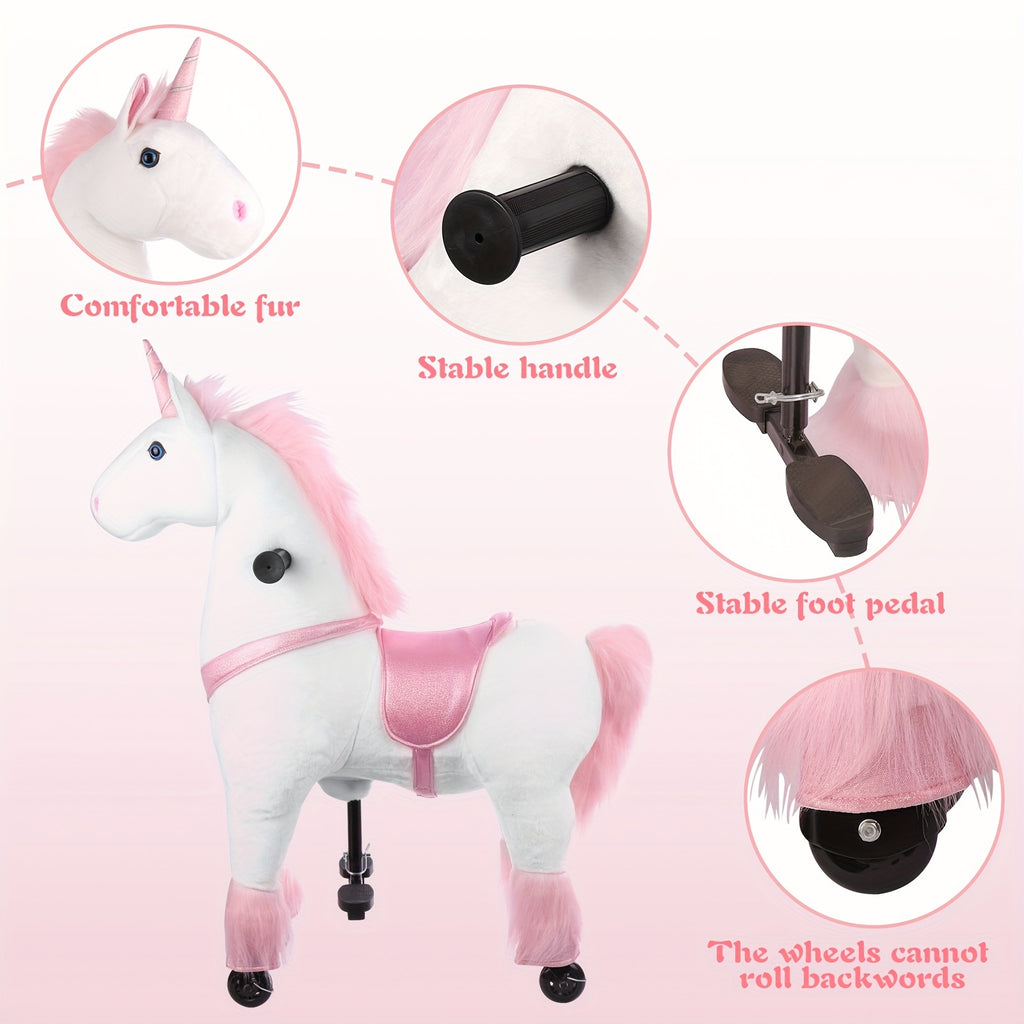 Ride On Unicorn Horse Toy with Wheels for Kids Ages 3-9 - Plush Walking Horse No Battery Pink White Unicorn Size S M Birthday Christmas Gift