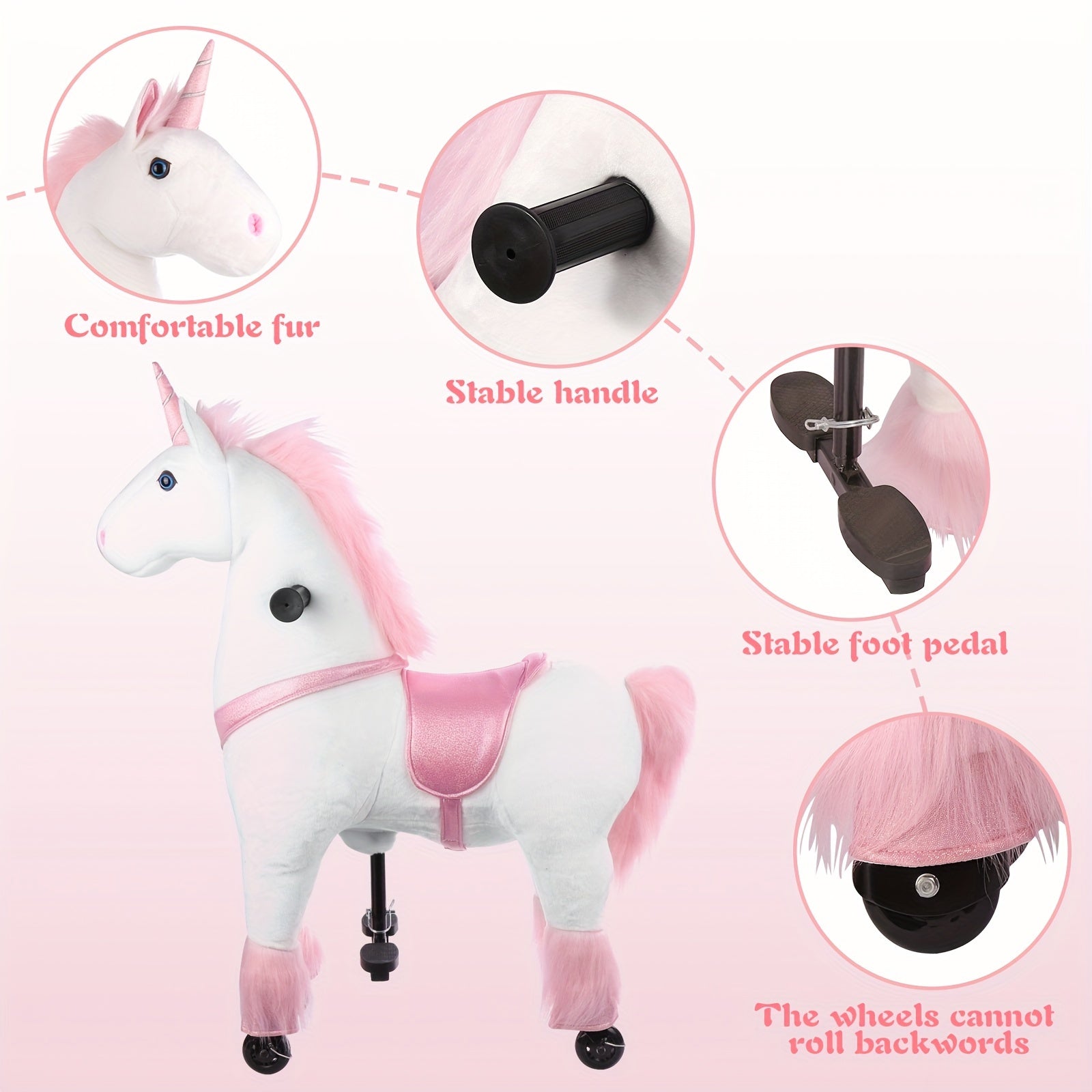 Ride On Unicorn Horse Toy with Wheels for Kids Ages 3-9 - Plush Walking Horse No Battery Pink White Unicorn Size S M Birthday Christmas Gift