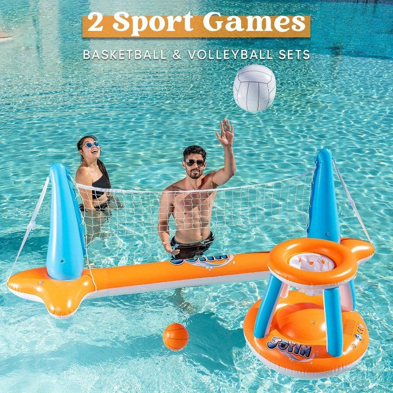 Inflatable Pool Float Set Volleyball Net & Basketball Hoops Swimming Pool Games for Kids Adults Summer Party Floaties Outdoor Water Sports Toy Orange