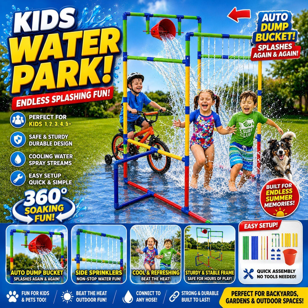 Backyard Waterpark Sprinkler Toy for Kids with Dump Buckets Spinning Splash Wheel Built-In Sprinkler Sturdy Frame Outdoor Summer Water Play Gift for Boys Girls