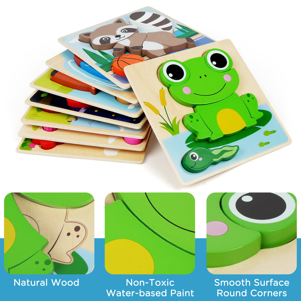 8-Pack Animal Wooden Puzzles for Toddlers Ages 1 2 3 – Colors & Shapes Cognition Learning Toy, Preschool Educational Gift for Baby Kids Christmas Birthday