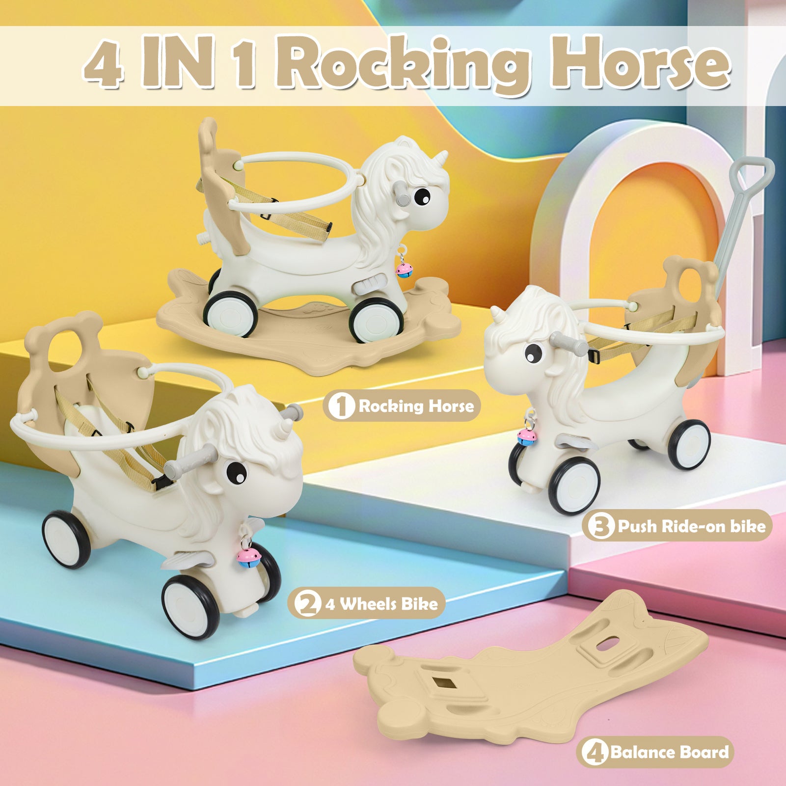 3 in 1 Rocking Horse for Toddlers 12M+ – Detachable Balance Bike, Ride-On Toy & Push Handle, Balance Board, Safe Indoor Outdoor Baby Gift for Boys & Girls Ages 1+