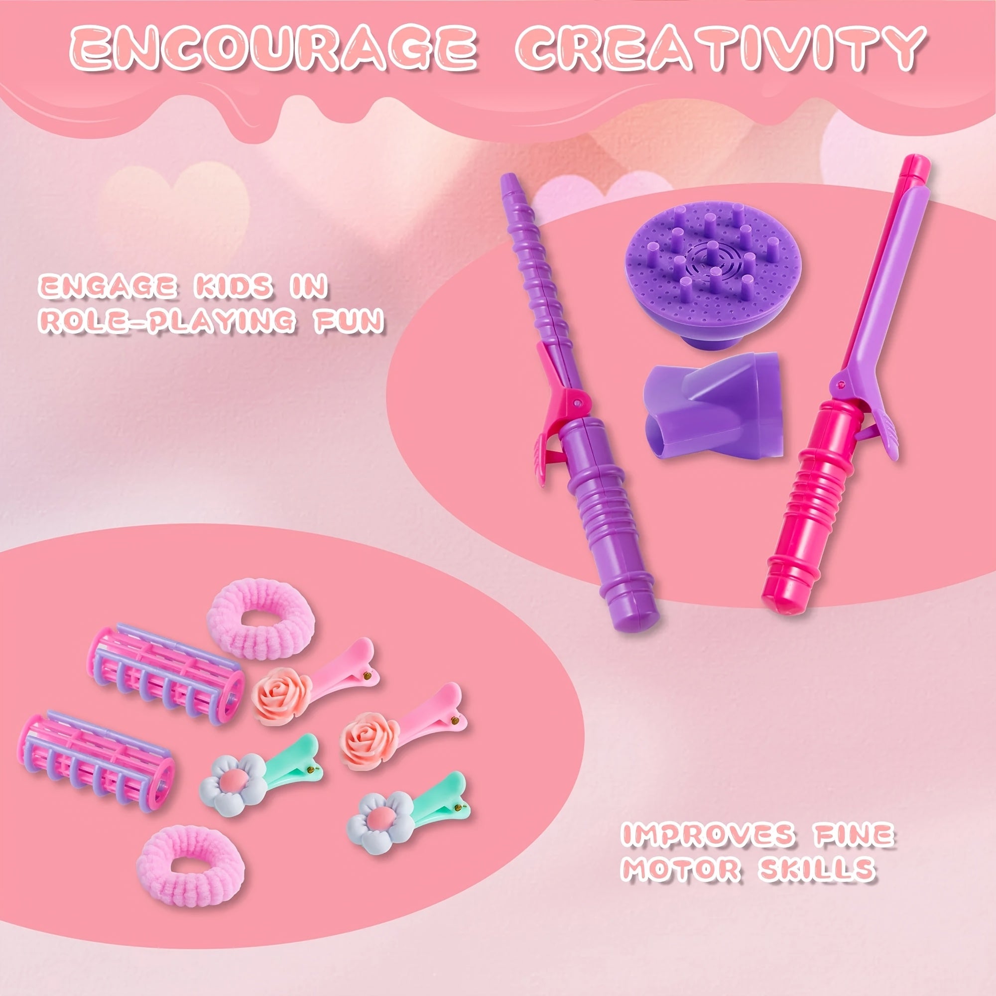 Girls Beauty Salon Set 17pcs Pretend Play Hair Stylist Toy Kit with Hairdryer Mirror Curling Iron Kids Ages 3+ Birthday Christmas Gift