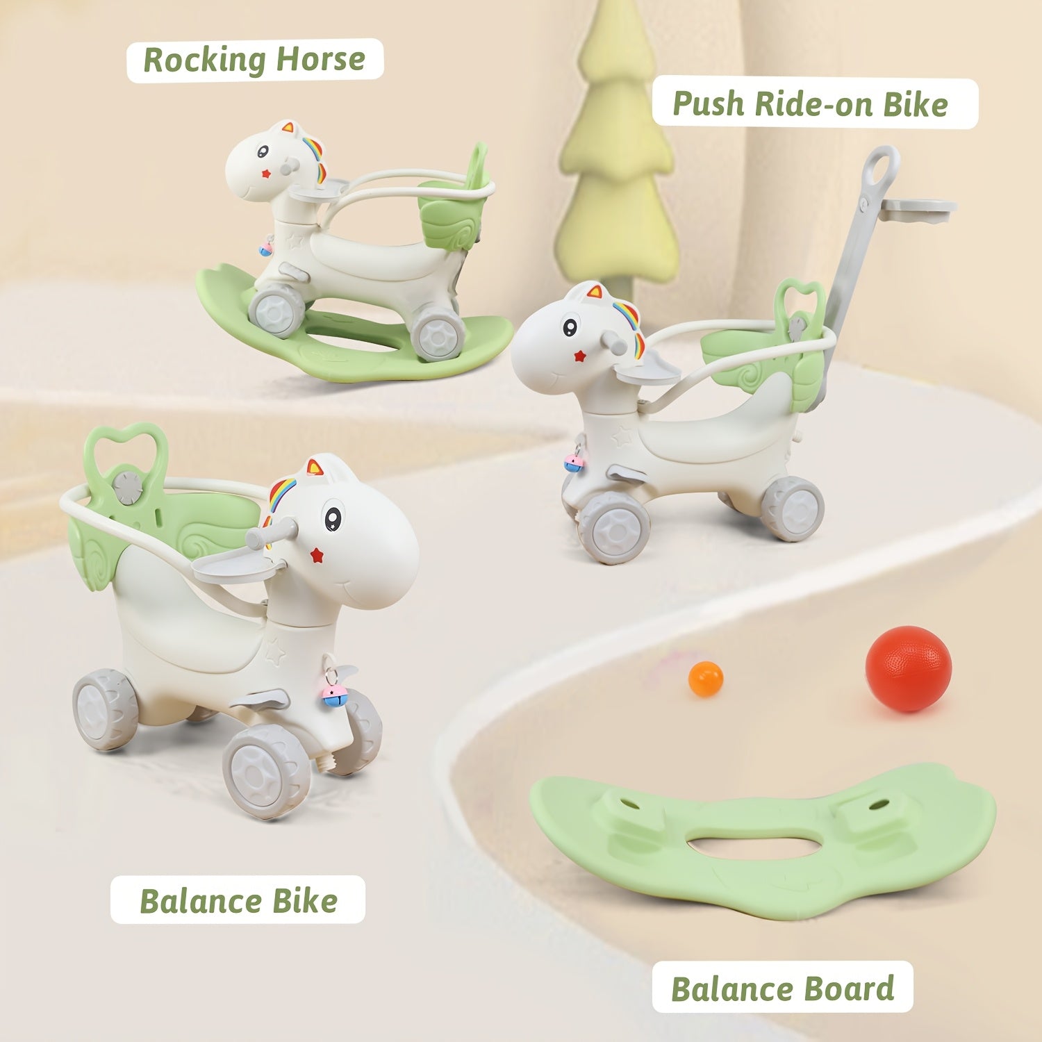 4-in-1 Rocking Horse with Basketball Hoop & Safety Push Rod for Toddlers 1+ – Ride-On Bike, Balance Bike & Balance Board, Indoor Outdoor Baby Balance Toy, Birthday Gift Boys & Girls