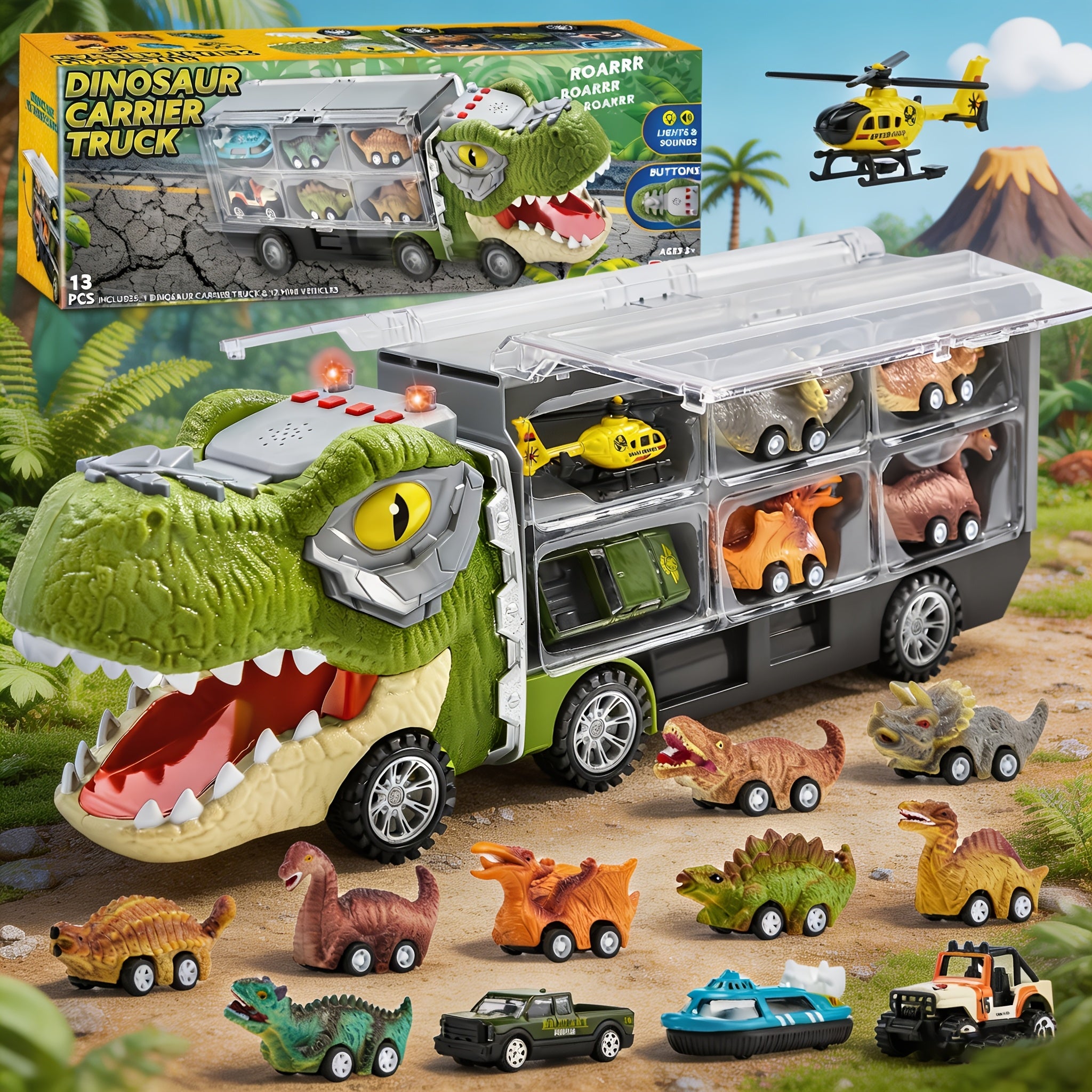 Dinosaur Truck Toy Set 13-in-1 for Kids – Transport Carrier with Sound & Lights, 12 Pull-Back Dino Cars & Helicopter, Birthday Gift for Boys Ages 3 4 5