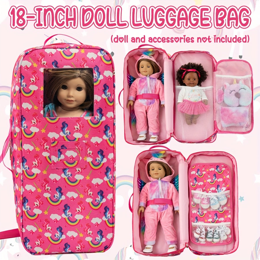 18 Inch Doll Travel Bag Unicorn Rainbow Print – Pink Large Capacity Multi-Pocket Crossbody Carrier Bag for 18 Inch Dolls & Accessories, Gift for Girls Ages 3+