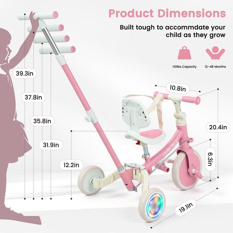 5-in-1 Toddler Tricycle with Push Handle, Bobike Convertible Balance & Pedal Bike for Ages 1-3, Adjustable Seat, Harness & Light-Up Rear Wheel