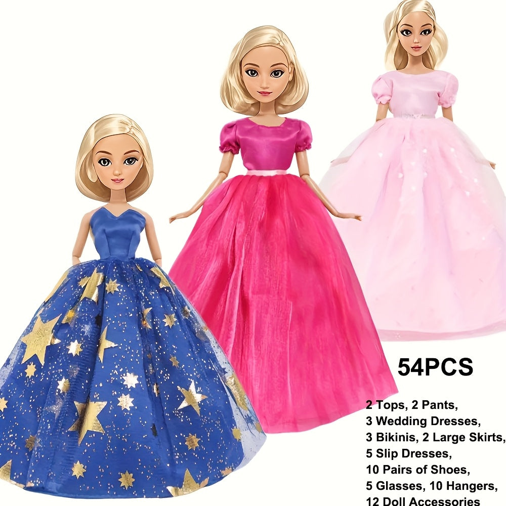 54pcs Doll Clothes & Accessories Set for 11-12 Inch Fashion Dolls – Bridal Gowns, Evening Dresses, Swimsuits, Shoes, Glasses & Hangers, Complete Wardrobe Gift for Girls Ages 3+, Random Color