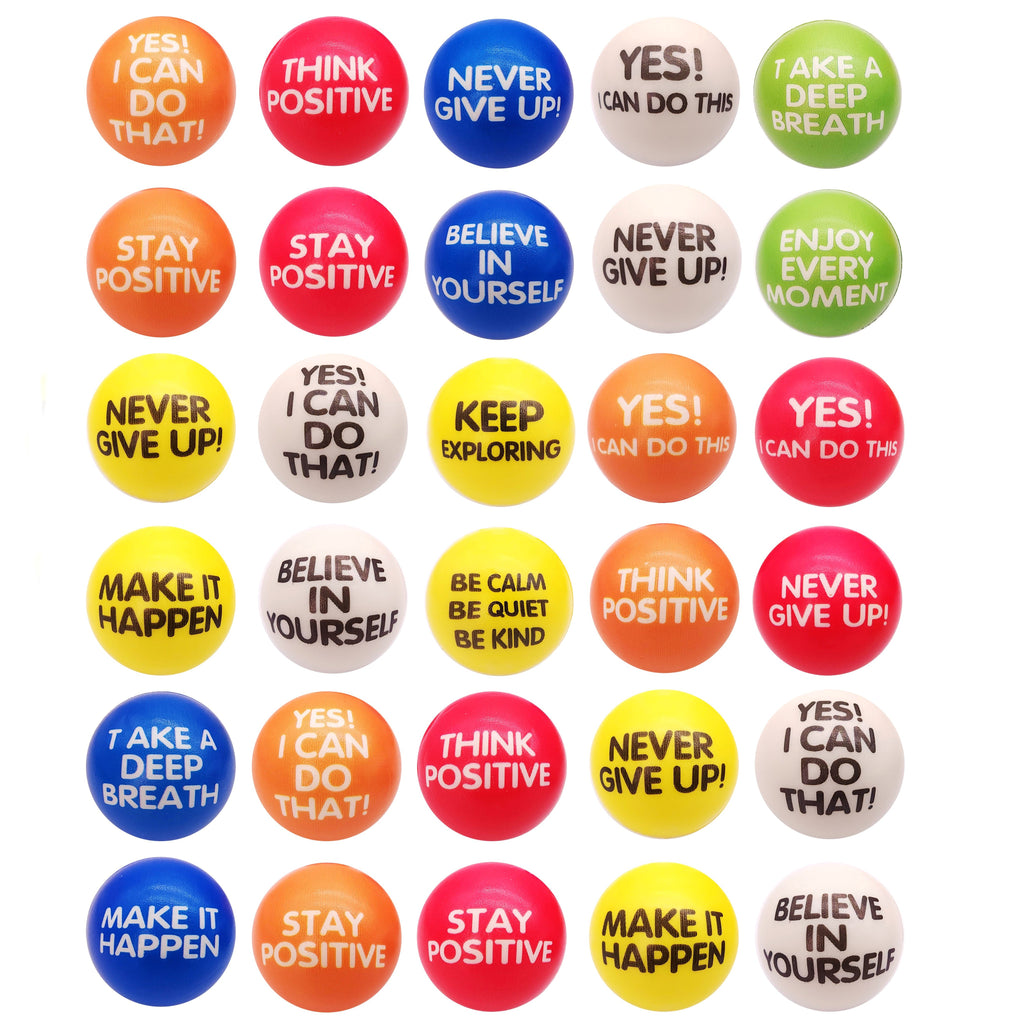 Stress Relief Squeeze Balls 30 Pack 2.48 Inch Inspirational Slogan Sponge Foam – Bulk Hand Fitness Balls for Classroom Rewards, Office Team Building & Party Favors