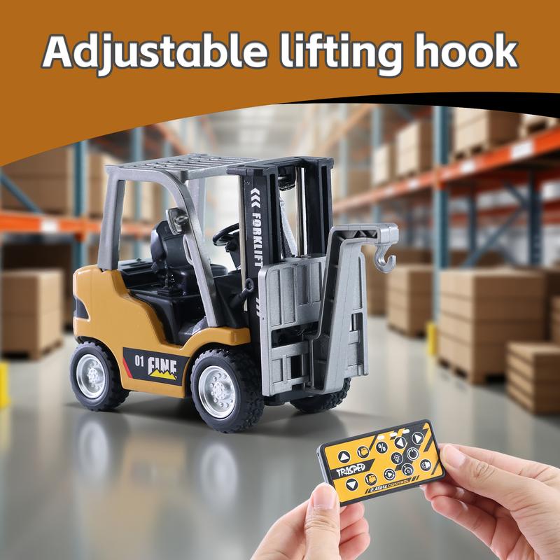 Mini RC Forklift Toy with 2-in-1 Lift Fork & Hook, Rechargeable Battery, Lights and Sound, Construction Vehicle Options for Ages 12+