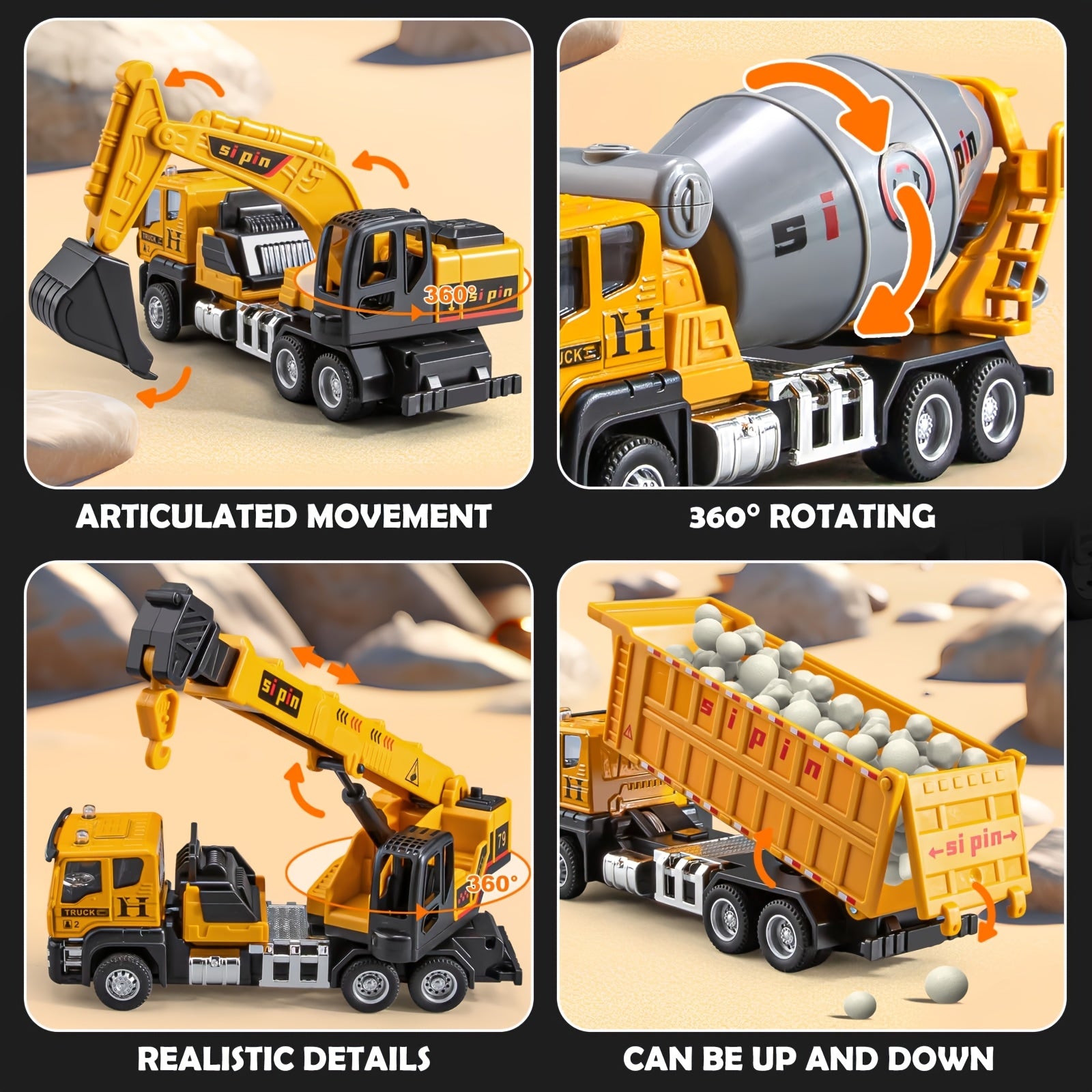 Alloy Construction Vehicles Set for Kids 5.8" – Metal Inertia Excavator Dump Truck Cement Mixer Crane Engineering Toy, No Battery Gift for Boys Ages 3+