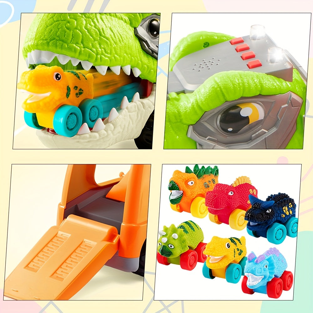 Dinosaur Car Carrier Truck Toy for Kids with 6 Rubber Dino Vehicles, Sliding Ramp, Music & LED Lights – 2-Level Storage, Birthday Christmas Gift for Boys & Girls Ages 3+