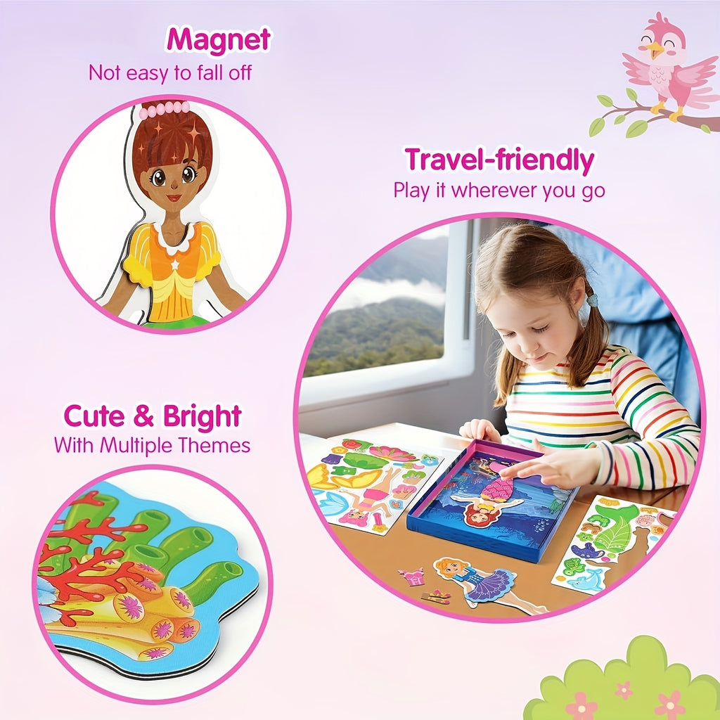 Girls Dress Up Magnetic Dolls Set Princess Mermaid Fairy Ballerina Mix Color Magnetic Outfits Travel Game Kit Car Ride Airplane Activity Birthday Gift Girls Ages 3-7