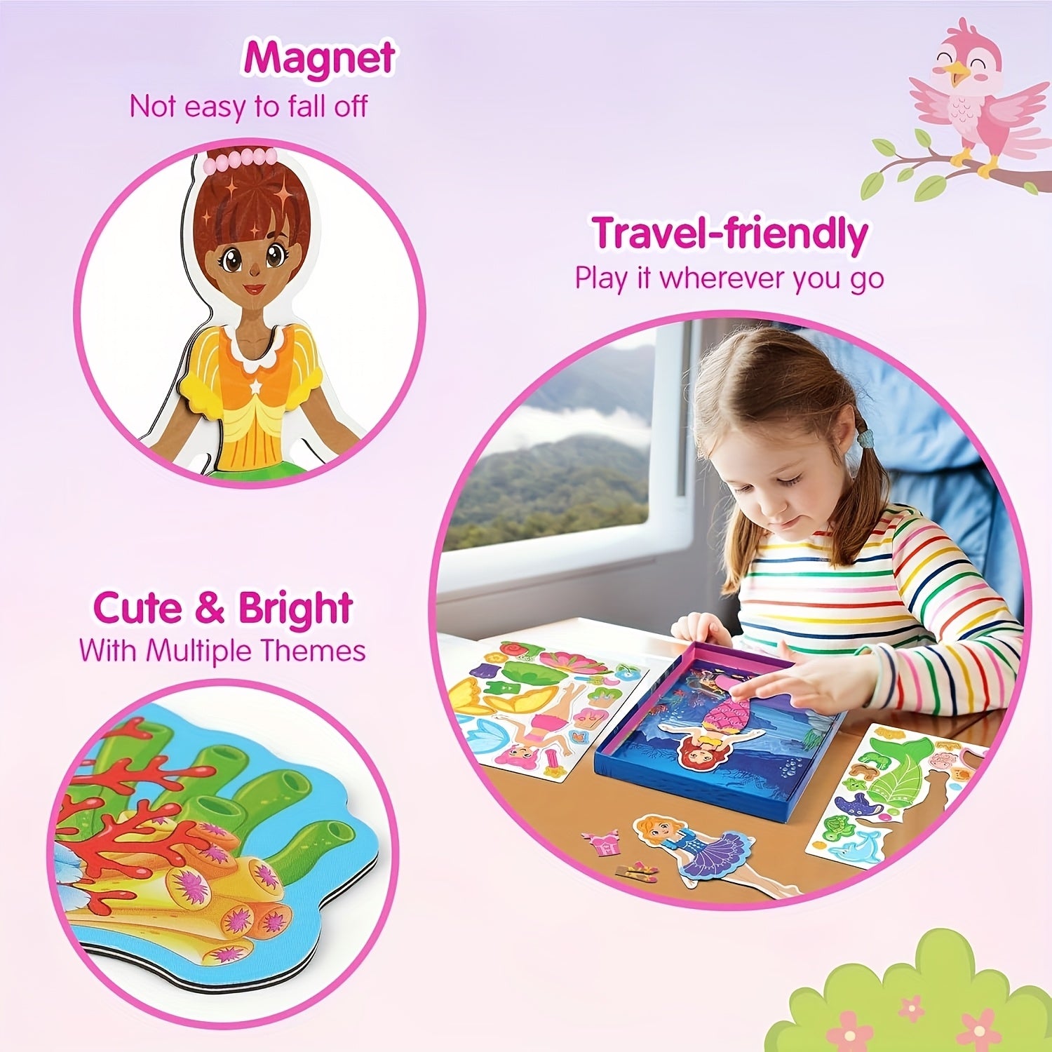 Girls Dress Up Magnetic Dolls Set Princess Mermaid Fairy Ballerina Mix Color Magnetic Outfits Travel Game Kit Car Ride Airplane Activity Birthday Gift Girls Ages 3-7