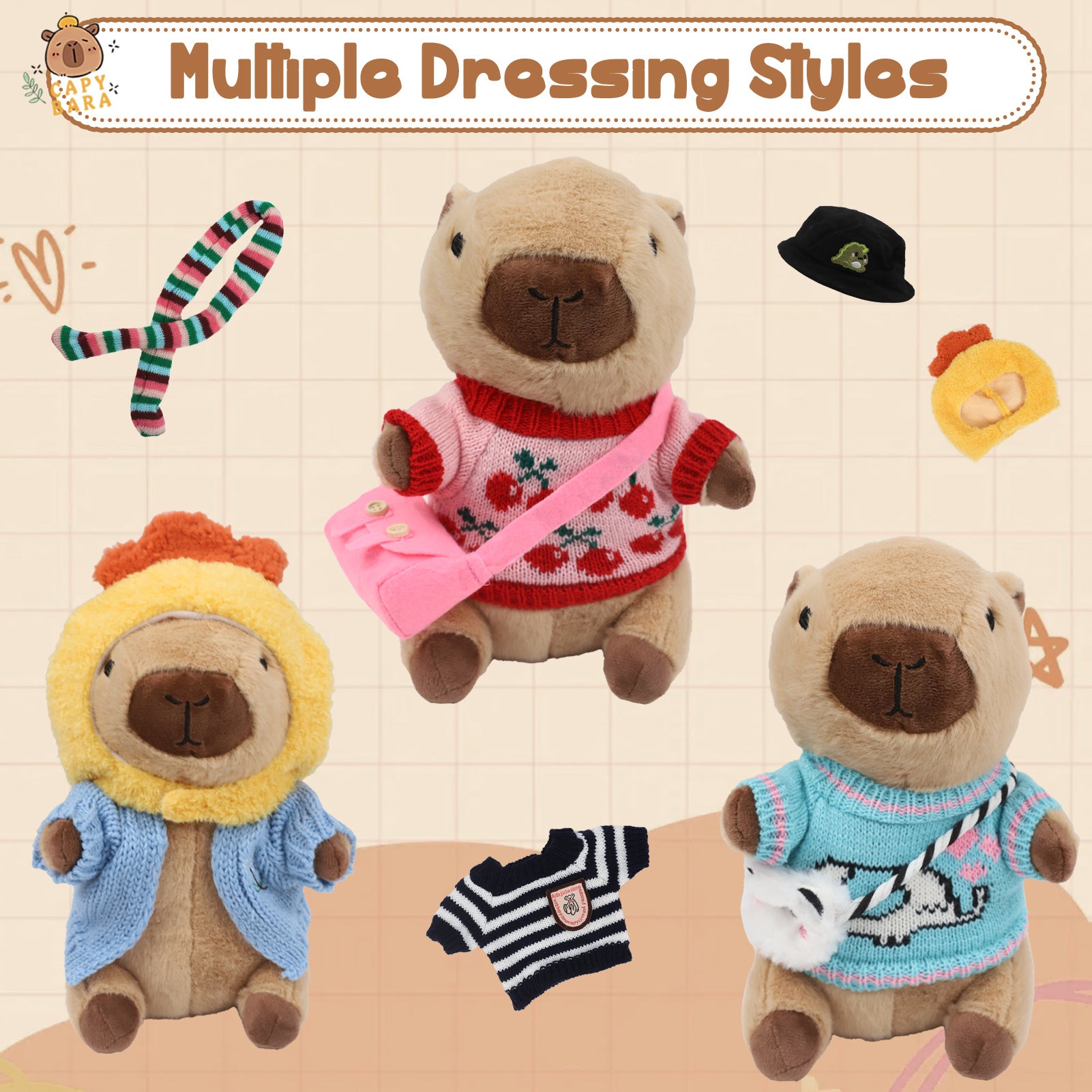 Capybara Plush Toy with 10 Clothes & Accessories – Soft Stuffed Capybara Dress Up Plushie, Cute Capybara Gift for Kids Boys Girls Birthday