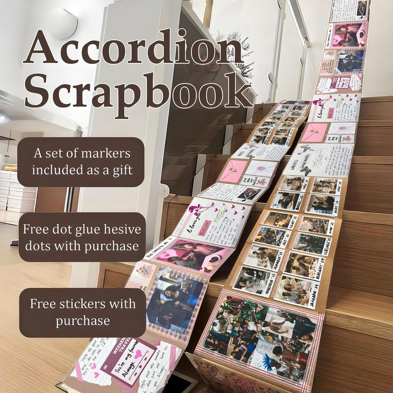 Accordion Scrapbook Album, 99+ Inch Fold Out DIY Memory Book with Kraft or Black Paper Options for Anniversary, Wedding, Travel and Graduation Gifts