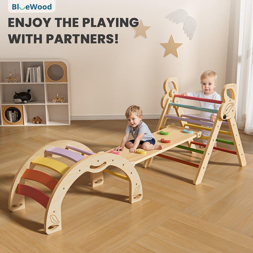 Pikler Triangle 8-in-1 Foldable Wooden Climbing Set Toddlers Indoor Jungle Gym with Slide Arch Rocker Montessori Toy Ages 1 2 3 4 5 Birthday Christmas Gift